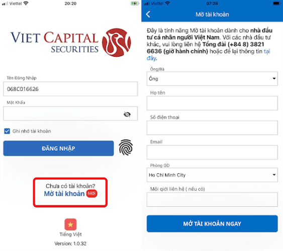 Hướng dẫn mở tài khoản tại chứng khoán Bản Việt - Điện thoại bước 2